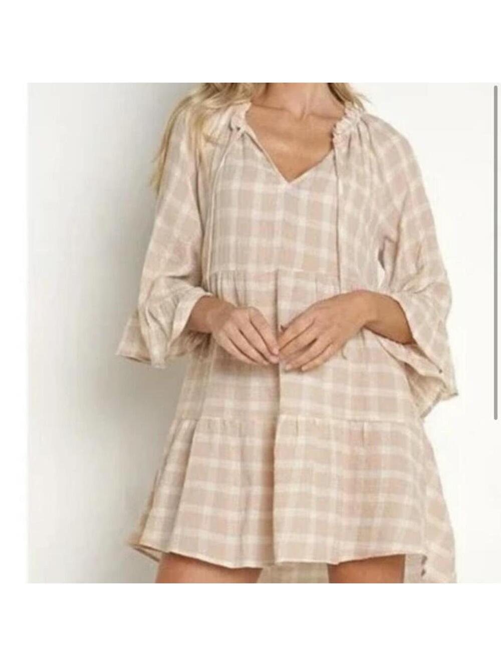 NWT Show Me Your MuMu Viola Plaid Bell Sleeve Mini Dress Beige/ Cream Women’s XS - Picture 15 of 15